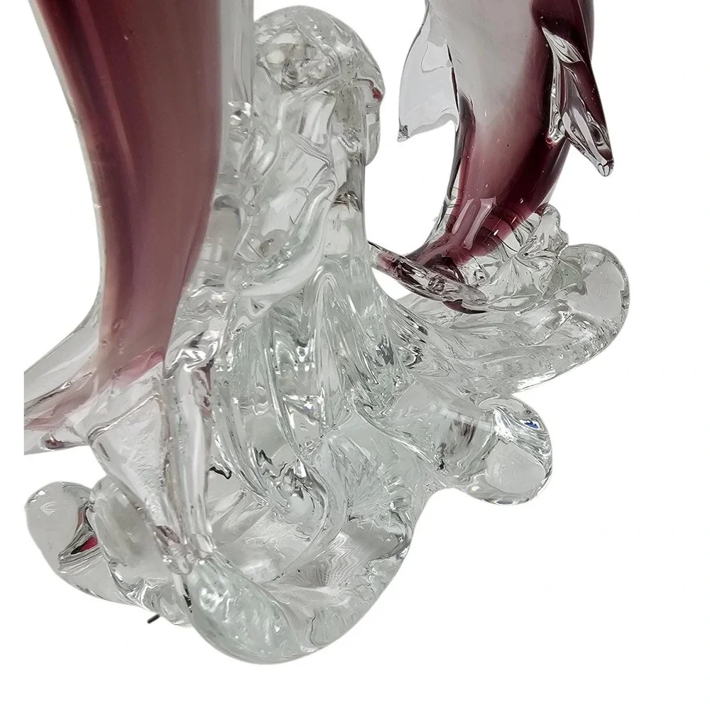 Murano Style Blown Art Glass Dolphin Sculpture Purple White Swirl Waves Figurine